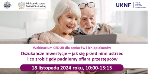 Plakat informujący o webinarium dla seniorów